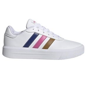 Adidas Women's White Sneakers with Pink, Blue, and Gold Stripes
